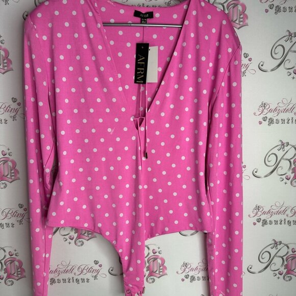 AFRM bodysuit Pink Polka Dot white brand new with tags XL Top stretchy cute - Picture 12 of 12